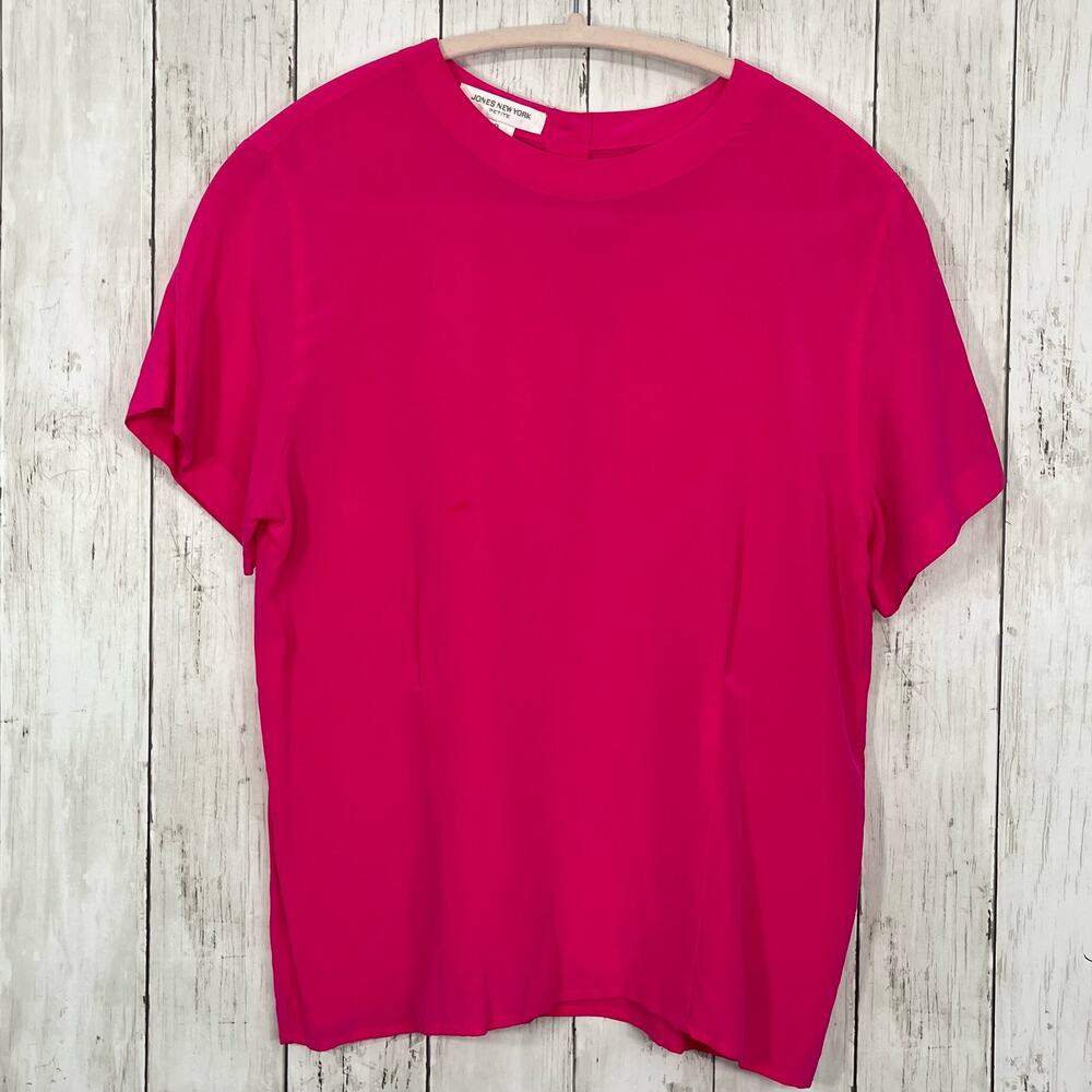 Jones New York Hot Pink Silk Short Sleeve Crew Neck Blouse Valentines Shirt 8